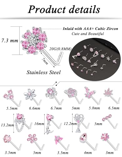Tornito 16Pcs Nose Rings L Shaped Nose Stud Stainless Steel Butterfly Flower Leaf Heart Moon Dangle Nose Stud Ring Body Piercing Jewelry for Women Men 20G Pink Blue Clear CZ - color: A: Pink