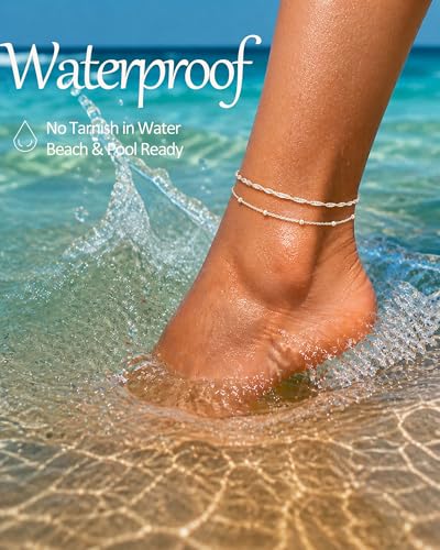 Gold Silver Ankle Bracelets for Women Waterproof 14K Gold Plated Anklets for Women Non Tarnish Dainty Layered Beaded Heart Anklet Set Summer Beach Foot Chain Jewelry Gifts Trendy Stuff - color: G- Stackable Anklets-Silver