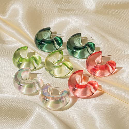 Chunky Acrylic Hoop Earrings for Women Thick Rhinestone Resin Open Hoops Colorful Geometric Earrings Lightweight Hypoallergenic for Sensitive Ears - color: Clear & Yellow Sets