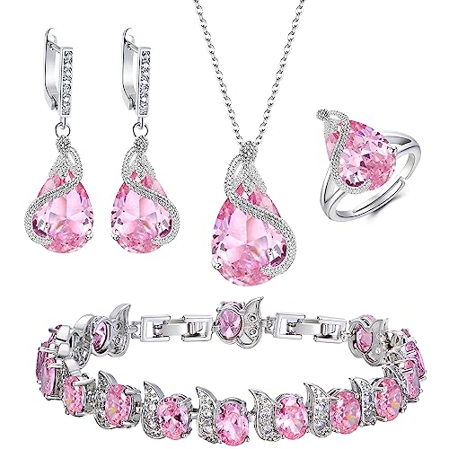 EVER FAITH Wedding Jewelry Set for Bride Bridesmaid, Glamour Teardrop Cubic Zirconia Pendant Necklace Earrings Tennis Bracelet Open Ring Sets for Birthday/Valentine's Day/Mother's Day/Christmas - color: A_Pink Silver-Plated-Brass