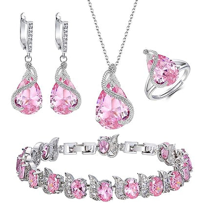 EVER FAITH Wedding Jewelry Set for Bride Bridesmaid, Glamour Teardrop Cubic Zirconia Pendant Necklace Earrings Tennis Bracelet Open Ring Sets for Birthday/Valentine's Day/Mother's Day/Christmas - color: A_Pink Silver-Plated-Brass