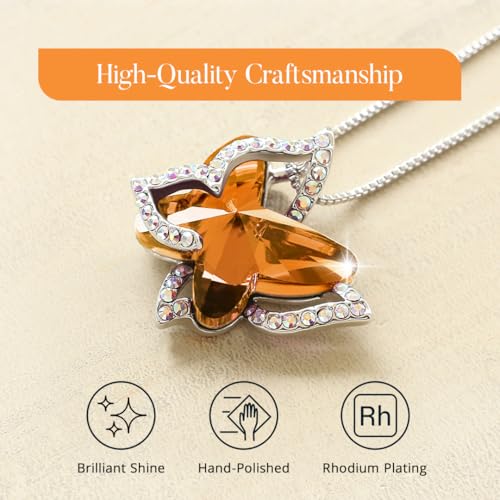 Butterfly Necklace, Birthstone Crystal, for Women, Silver Tone Pendant Jewelry, Anniversary Birthday Gift for Her, Wife & Mom, 18"+2" - color: 11a-November Birthstone - Amber Brown Crystal