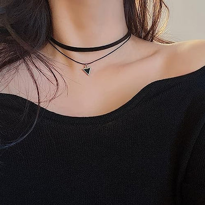 Fesciory Black Necklaces for Women, Adjustable Layered Velvet Leather Lace Collar Necklace, Goth Jewelry Gifts. - color: Double Layer Triangle1