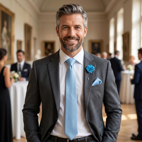 joy alice 30 Colors Solid Ties for Man Pure Color Men's Tie Set with Lapel Pin Pocket Square Tie Clip - color: Baby Blue