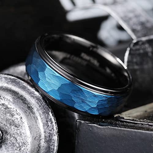 King Will Men's Tungsten Carbide Wedding Ring Hammered Groove Wedding Band Mens Two Tone Engagement Ring for Men and Women Matte Brushed Finish Comfort Fit - color: 8mm Blue & Black