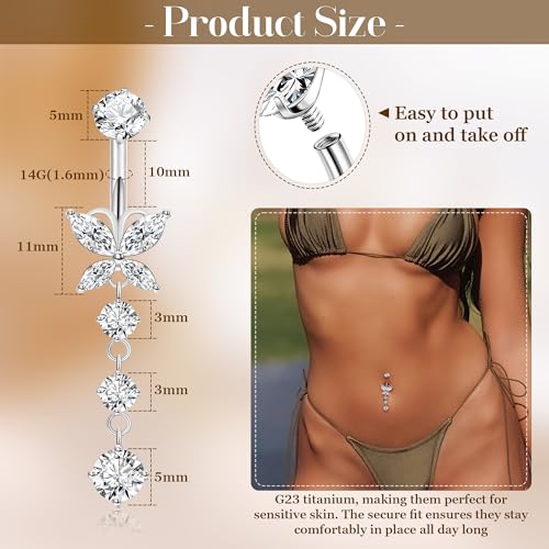 14G G23 Titanium Dangle Belly Button Ring for Women Dangling Belly Rings CZ Butterfly Teardrop Navel Rings Internally Threaded Curved Barbell Navel Piercing Jewelry - color: Silver-2