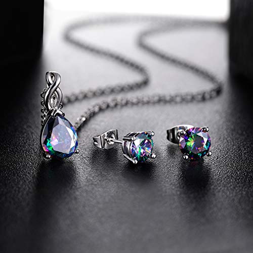 VOLUKA Created Opal/Amethyst/Mystic Topaz Pendant Necklace for Women,18K White/Rose Gold Plated Chain Wedding Engagement Jewelry Gift - color: G-Teardrop rainbow jewelry set