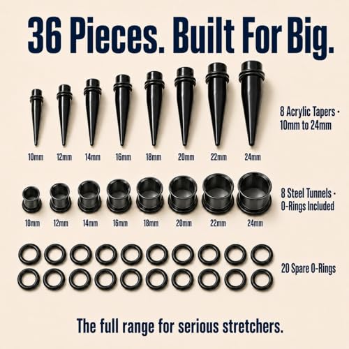 BodyJ4You 36PC Ear Gauge Stretching Kit 00G-25mm - Big Gauges for Ears | Dead Stretching Lobe Plug Expander - Stainless Steel Single Flare Flesh Tunnels - Solid Acrylic Piercing Tapers Men Women - color: Black