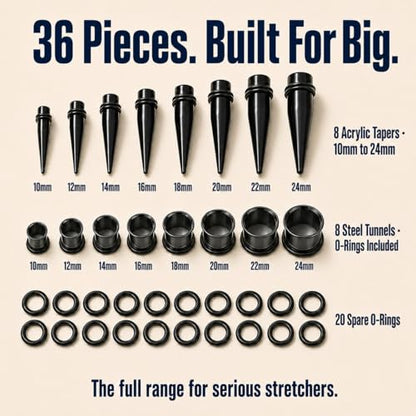 BodyJ4You 36PC Ear Gauge Stretching Kit 00G-25mm - Big Gauges for Ears | Dead Stretching Lobe Plug Expander - Stainless Steel Single Flare Flesh Tunnels - Solid Acrylic Piercing Tapers Men Women - color: Black