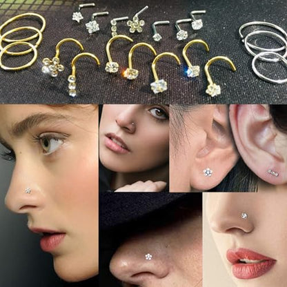 Nose Rings & Studs - 18g, 20g, 22g 14K Gold Bone Nose Studs for Women in Titanium Steel - color: 20g 10pcs Gold Bone 316L Surgical Steel