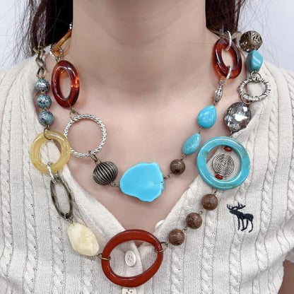 NewZenro Turquoise Colorful Beaded Long Strand Chain Necklaces for Women | Boho Layered Geometric Circle Resin Wooden Beaded Statement Necklace
