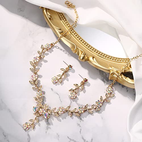 Women's Wedding Jewelry Set for Bride,Prom Bridal Accessories | Bling Crystal,Flower Leaf Cluster,Dangle Earrings Pendant Necklace Set,for Bridesmaid,Party Jewellery - color: 07-Iridescent AB Gold-Plated-Base