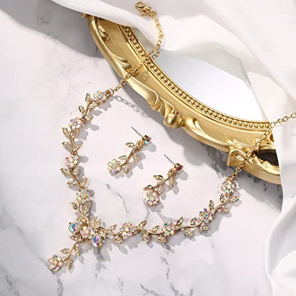 Women's Wedding Jewelry Set for Bride,Prom Bridal Accessories | Bling Crystal,Flower Leaf Cluster,Dangle Earrings Pendant Necklace Set,for Bridesmaid,Party Jewellery - color: 07-Iridescent AB Gold-Plated-Base