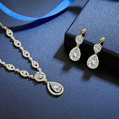 GULICX AAA Cubic Zirconia CZ Silver Plated Base Women's Party Jewelry Set Earrings Pendant Necklace - color: gold plated