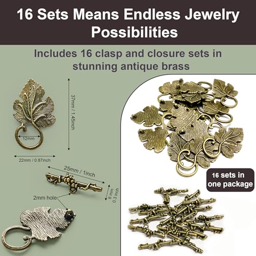 Heather's CF Toggle Jewelry Clasps – Durable Quality, Antique Grape Leaves Brass Finish Toggle Clasps & Closures for Necklace, Bracelet & Charms – Ideal for DIY, & Jewelry Making – Large (Set of 16) - color: Large brass toggle clasp