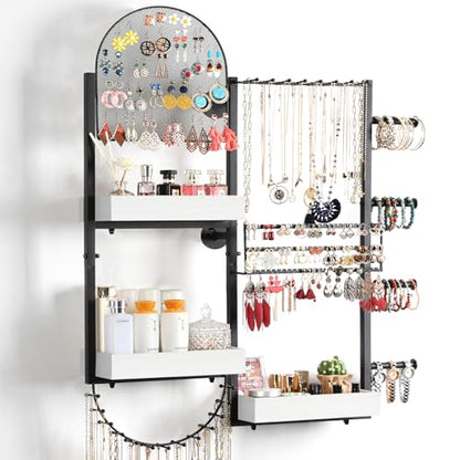 Keebofly Wall Mount Hanging Jewelry Organizer - Large Display Holder for Earrings, Rings, Necklaces, Bracelets, Watches and Perfume - White - color: White