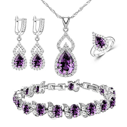 LMXXVJ Women Jewelry Set Platinum Plated Necklace Open Ring Earrings Bracelet Set,Birthday/Anniversary Mother’s Day Jewelry Gifts for Mom/Wife/Sister/Best Friend - color: Purple