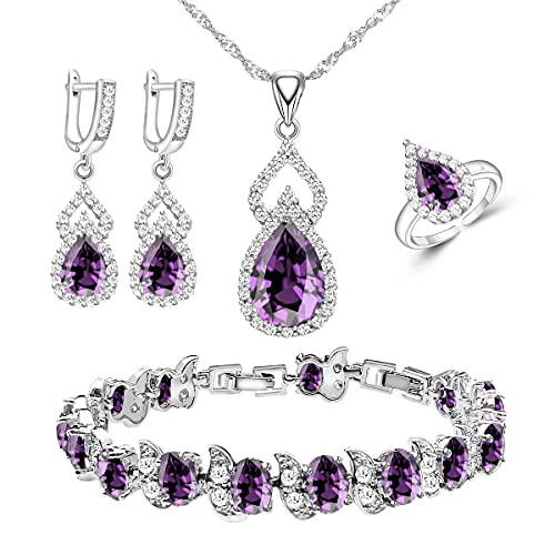 LMXXVJ Women Jewelry Set Platinum Plated Necklace Open Ring Earrings Bracelet Set,Birthday/Anniversary Mother’s Day Jewelry Gifts for Mom/Wife/Sister/Best Friend - color: Purple