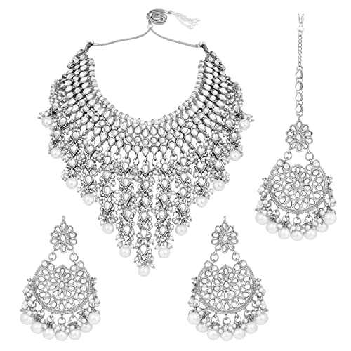 Aheli Elegant Indian Wedding Wear Faux Kundan Studded Choker Necklace with Maang Tikka Set Ethnic Fashion Jewelry for Women Maroon Kundan & Pearl Drop - color: Rhodium White