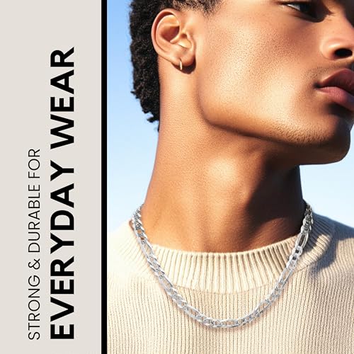 KISPER 925 Sterling Silver Figaro Chain Necklace for Men 5mm Made in Italy | 3+1 link pattern, 16-30 inches, anti-tarnish, solid build, hypoallergenic, secure lobster clasp
