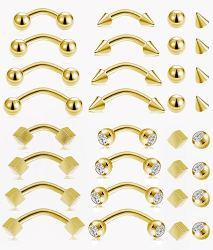 16Pcs Eyebrow Piercing Jewelry 16G Surgical Steel Curved Barbell Vertical Labret Lip Navel Belly Button Tongue Rings Rook Daith Tragus Earring for Women Men Silver Gold Tone 6mm/8mm/10mm/12mm - color: A-Gold