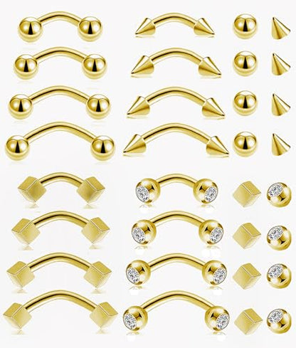 16Pcs Eyebrow Piercing Jewelry 16G Surgical Steel Curved Barbell Vertical Labret Lip Navel Belly Button Tongue Rings Rook Daith Tragus Earring for Women Men Silver Gold Tone 6mm/8mm/10mm/12mm - color: A-Gold