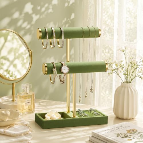 bussdis 2 Tier Bracelet Holder Display, Necklace Holder Organizer, Green | Velvet Necklace Holder | Jewelry Tree | Jewelry Towers | Jewelry Stand Organizer for Necklaces, Bracelets, Earrings, Rings - color: Green