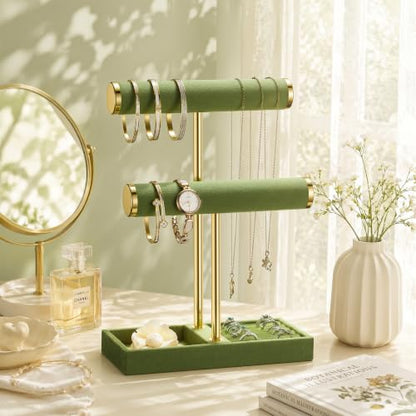 bussdis 2 Tier Bracelet Holder Display, Necklace Holder Organizer, Green | Velvet Necklace Holder | Jewelry Tree | Jewelry Towers | Jewelry Stand Organizer for Necklaces, Bracelets, Earrings, Rings - color: Green