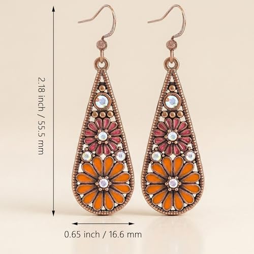 Bohemian Crystal Teardrop Dangle Earrings, Copper, Tribal Geometric Design, Handmade National Style for Women - color: Burnt Orange