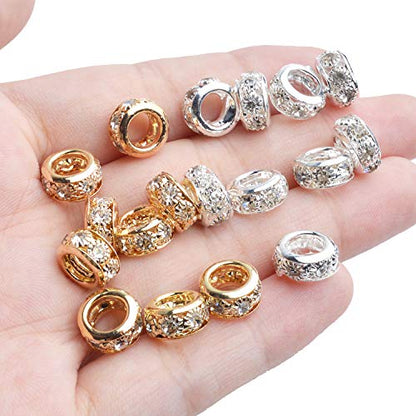Large Hole Rhinestone Spacer Beads, 40pcs 10mm Crystal Pave Brass Rondelle Beads Fit European Bracelet Snake Chain Jewelry DIY - color: Gold&Silver, size: 10MM