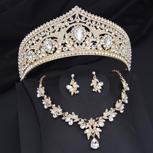 Princess Tiara Crown and Jewelry Sets for Women Wedding Rhinestone Crystal Tiaras and Crowns with Necklace Earrings Party Birthday Accessories - color: Gold White
