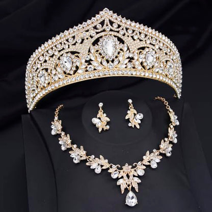 Princess Tiara Crown and Jewelry Sets for Women Wedding Rhinestone Crystal Tiaras and Crowns with Necklace Earrings Party Birthday Accessories - color: Gold White