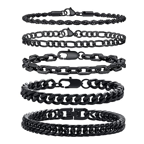 VNOX 5/7 Pcs Chain Bracelet for Men Women - Sturdy Stainless Steel Curb Width Cuban Link Chain Bracelet Set for Men Women,6.5/7/7.4/8.2/9 Inches - style: Black Link 1