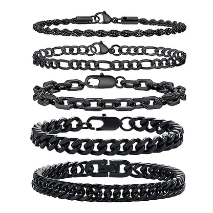 VNOX 5/7 Pcs Chain Bracelet for Men Women - Sturdy Stainless Steel Curb Width Cuban Link Chain Bracelet Set for Men Women,6.5/7/7.4/8.2/9 Inches - style: Black Link 1