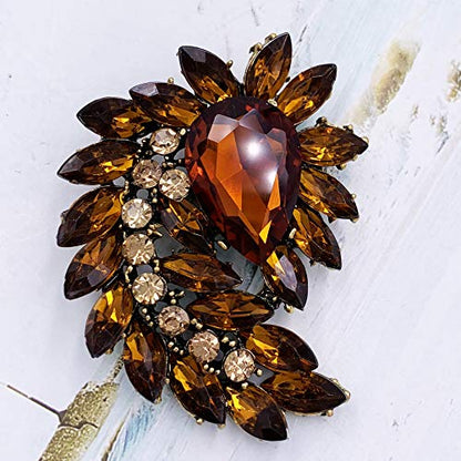 SELOVO Marquise Shape Rhinestone Red Leaf Costume Brooch Pin Jewelry Antiqued Gold Tone - color: Brown