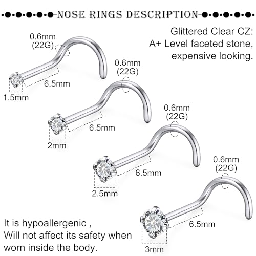 18G 20G 22G Titanium Stainless Surgical Steel Nose Rings Studs for Women L Shaped Nose Studs Screw Nose Ring Piercing Jewelry for Women Men Diamond CZ 1.5mm 2mm 2.5mm 3mm Silver Black Gold - style: 22g/Clear CZ/Screw/Titanium