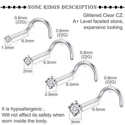 18G 20G 22G Titanium Stainless Surgical Steel Nose Rings Studs for Women L Shaped Nose Studs Screw Nose Ring Piercing Jewelry for Women Men Diamond CZ 1.5mm 2mm 2.5mm 3mm Silver Black Gold - style: 22g/Clear CZ/Screw/Titanium