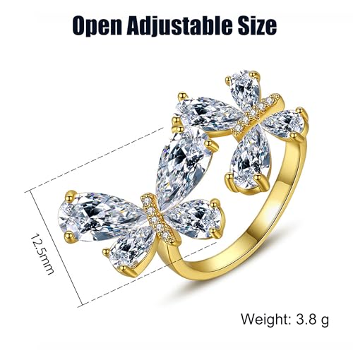 18K Gold Plated Rings for Women and Teen Girls Non Tarnish Cubic Zirconia Fidget Ring Butterfly/Snake/Mesh/Cross/Crown Knuckle Ring Open Adjustable Statement Stacking Chunky Rings - color: Butterfly