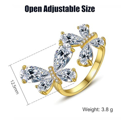 18K Gold Plated Rings for Women and Teen Girls Non Tarnish Cubic Zirconia Fidget Ring Butterfly/Snake/Mesh/Cross/Crown Knuckle Ring Open Adjustable Statement Stacking Chunky Rings - color: Butterfly