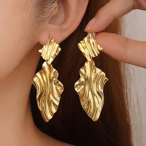 Large Geometric Drop Dangle Earrings for Women Pearl Teardrop Disc Rectangle Oval Fishtail Shell Shaped Textured Dangle Studs Earrings for Women - color: Gold-Textured