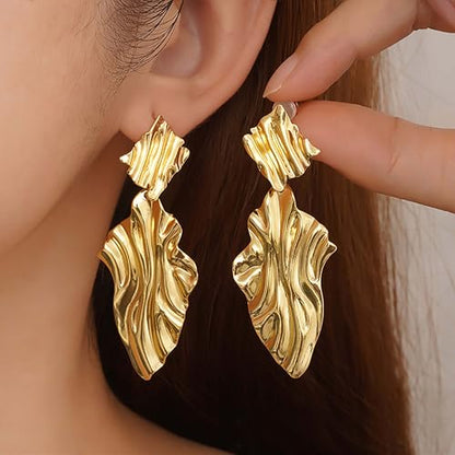 Large Geometric Drop Dangle Earrings for Women Pearl Teardrop Disc Rectangle Oval Fishtail Shell Shaped Textured Dangle Studs Earrings for Women - color: Gold-Textured