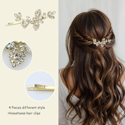 4 Pieces Rhinestone Hair Clips Gold Leaf Wedding Hair Pins Crystal Bobby Pins Gold Bridal Hairpin Barrette for Brides Bridesmaids Flower Girls - color: Gold