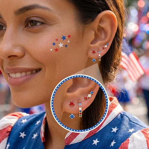 3 Pairs Dainty Small Earrings Set for Women Trendy, Birthstone Stud Huggie Hoop Jacket Stack for Cartilage Helix, Gold Plated Hypoallergenic Cute Women Fashion Accessories Western Jewelry Gifts - color: 4th of July earrings(Gold Red White Blue)