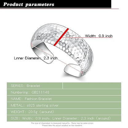 Dankadi 925 Sterling Silver Polished Hammered Bangle for Women Wide Cuff Groove Open Bracelet Adjustable Handmade Jewelry Gift