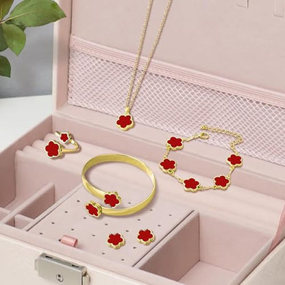 Lucky Flower Alloy Jewelry, Lucky Flower Design Necklace Earrings Bracelet Bangle Ring Jewelry Set, Clover Gold Plated Chain Wrap Ornament & Plush Pouch for Women - color: Red