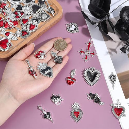 PH PandaHall 56pcs 2 Colors Alloy Enamel Gothic Charms Pendants Bulk Black Skull Cross Beads Goth Halloween Charms for DIY Jewelry Making Alternative Aesthetic Keychain Bracelet Craft Projects