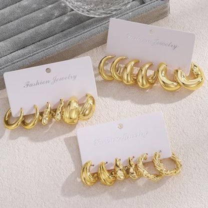 IFKM 24 Pairs Gold Hoop Earrings Set for Women Hypoallergenic Chunky Chain Twisted Open Hoops Dangle Earring Packs for Birthday Party Christmas Fashion Jewelry Gift - color: 9 Pairs Gold Style 2