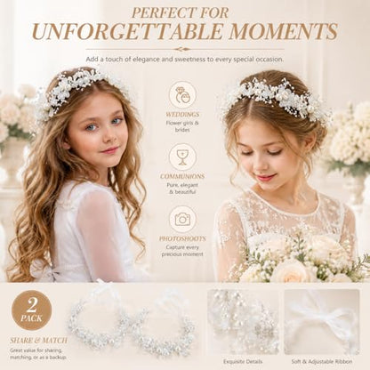 2 Pcs Flower Girl Headpiece, Silver Pearl Rhinestone Flower Hair Accessories Princess Headband for Bridal Wedding First Communion (pink) - color: pink