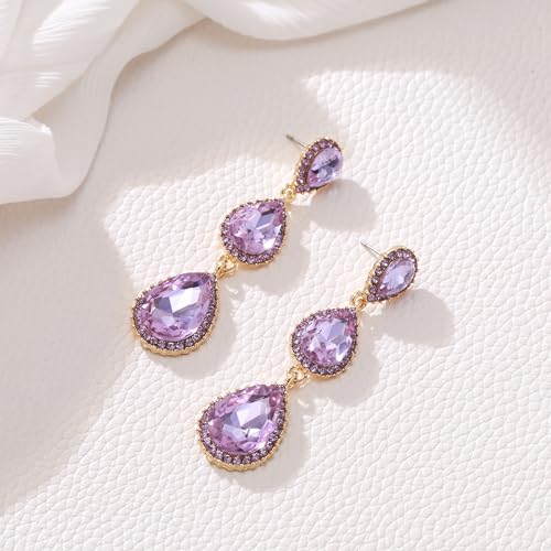 EleQueen Women's Crystal Teardrop Pear Shape 2.5 Inch Long Earrings | Dangle Earrings for Women, TearDrop Crystals Earrings for Bride Bridesmaid, Prom Jewelry for Wedding - color: Full Light Purple Gold-Tone