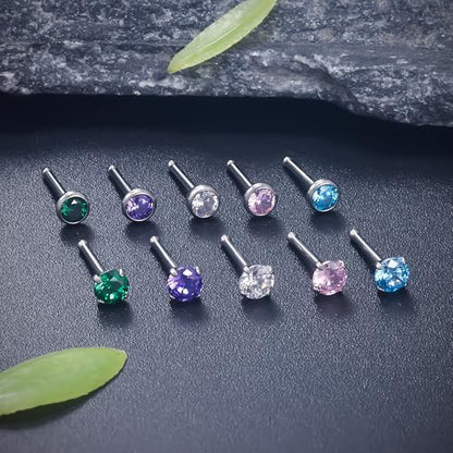 ASTM F136 Titanium Nose Rings 18G 20G 22G Jeweled Mix Color CZ Nose Studs Ring Screw L-Shaped Bone Hypoallergenic Nostril Body Piercing Jewelry for Women 1.5mm 2mm 2.5mm 3mm 10PCS - style: Bone:18G(1.0mm)-3mm CZ